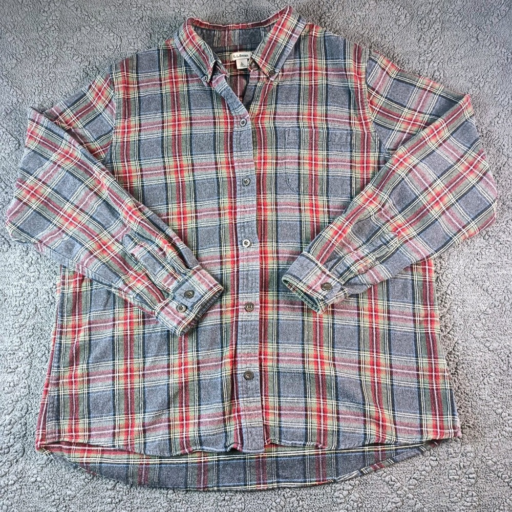 LL Bean Men's Flannel Shirt L Grey Red Plaid Cotton Button Down Long Sleeve
